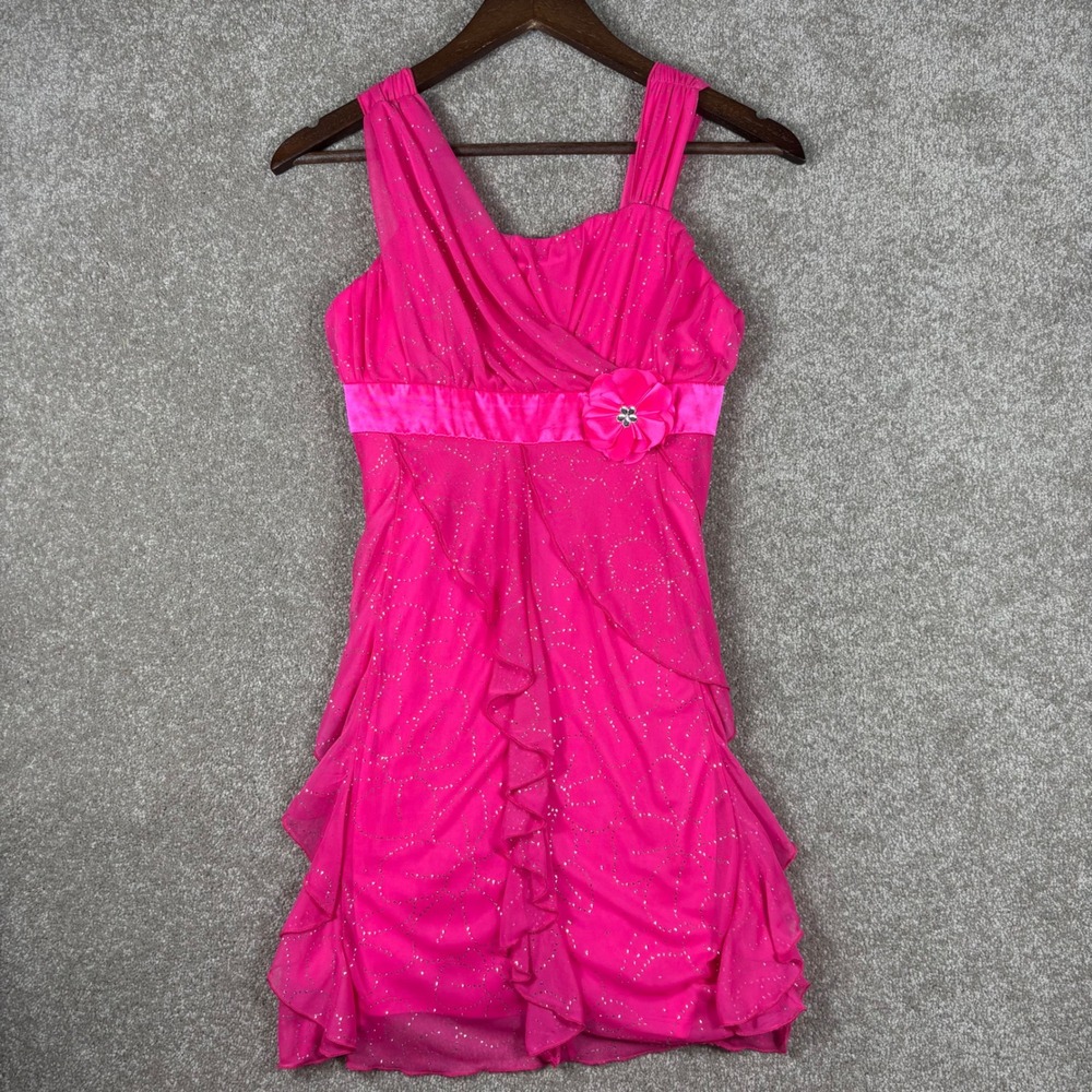 Amy Byer Girls Hot Pink Glitter Ruffle Party Dress Size 16 Flower Sleeveless